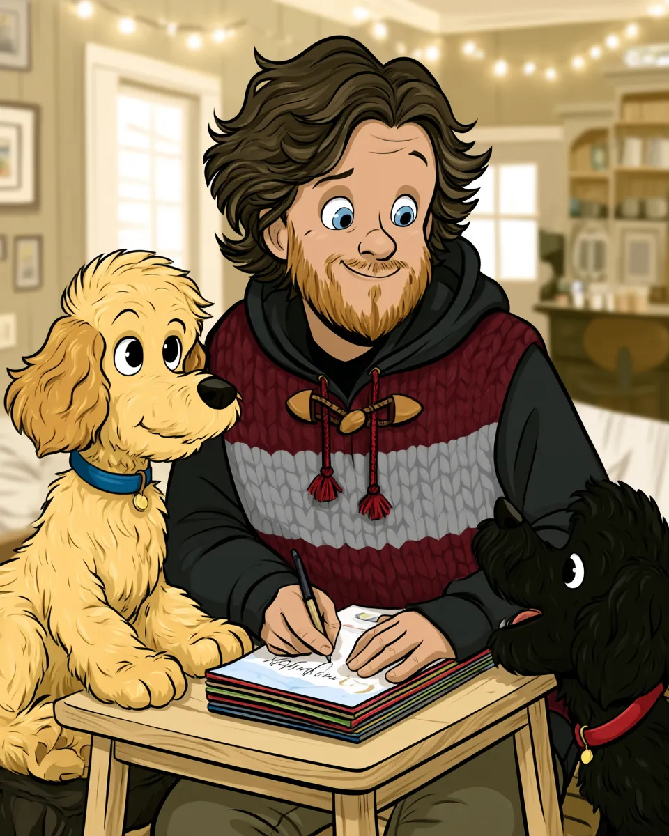 Cartoon of author Nathan Schendel writing at a table with Wrigley and Turner beside him