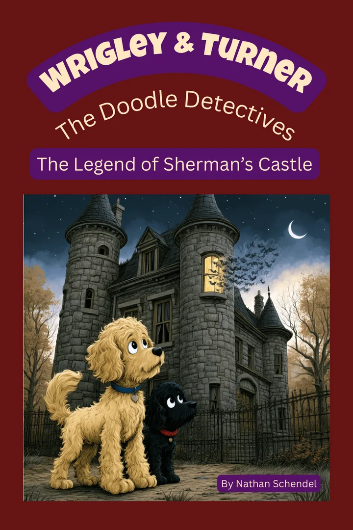 Cover of The Legend of Sherman's Castle, with Wrigley and Turner outside a spooky castle under a crescent moon